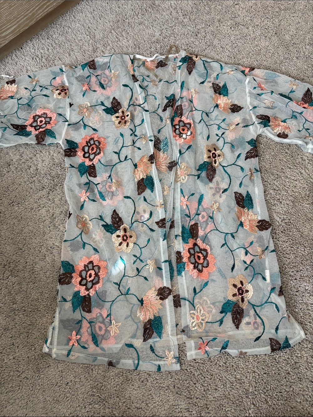 Sheer Floral Embroidered Kimono - Peach & Teal